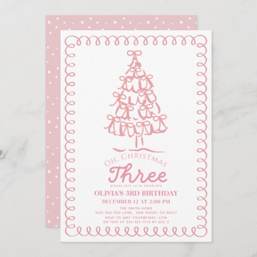 Oh Christmas Three Pink Bow Tree 3rd Birthday Kaart (Voorkant / Achterkant)