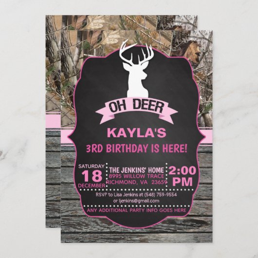 OH Deer Birthday Invitation - Girl (Devant / Derrière)