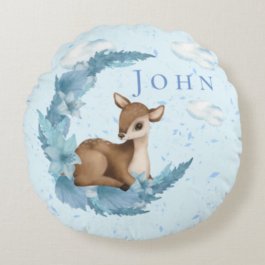 Oh, Deer & Blue Clouds Dust Baby Nursery Throw Rond Kussen (Voorkant)