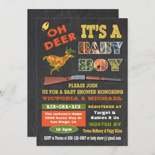 Oh Deer Chalkboard Camo Baby shower Invitation (Devant / Derrière)
