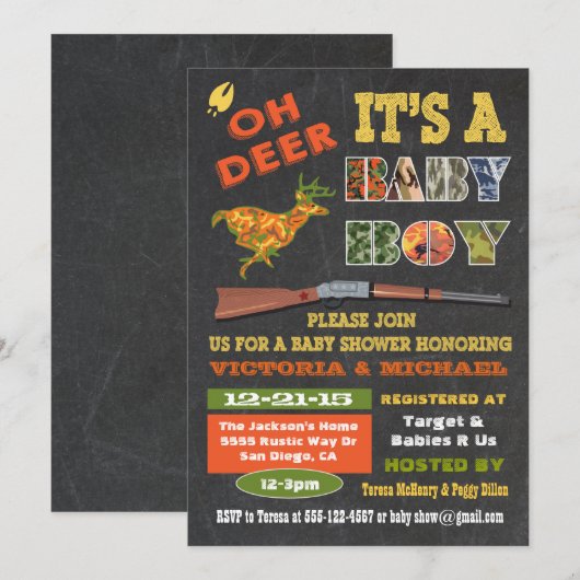 Oh Deer Chalkboard Camo Baby shower Uitnodiging (Voorkant / Achterkant)