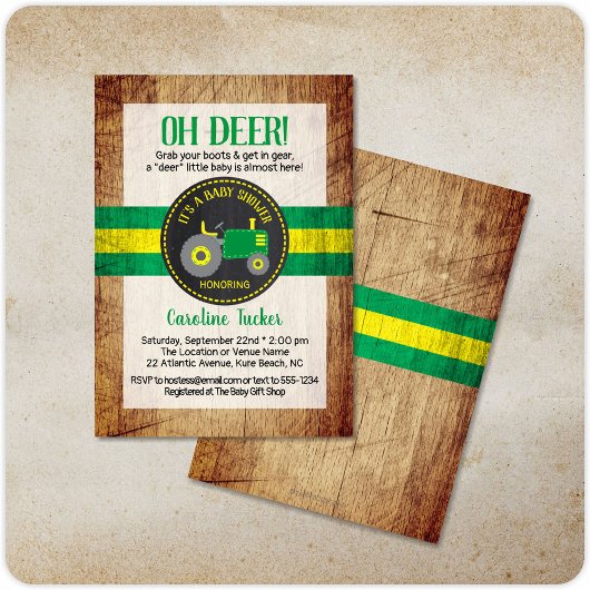 Oh Deer Green Tractor Baby shower Invitation