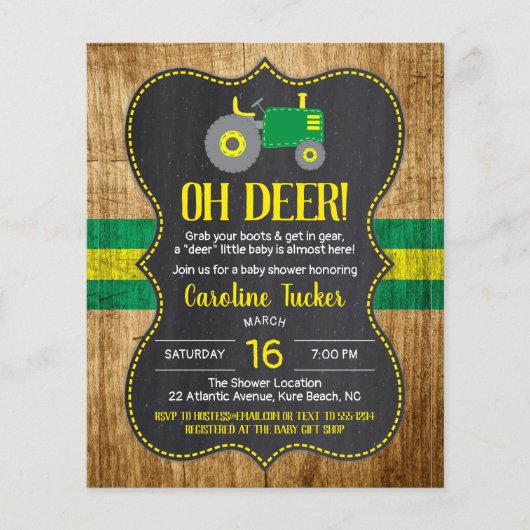 Oh Deer Green Tractor Baby shower Uitnodiging (Voorkant)