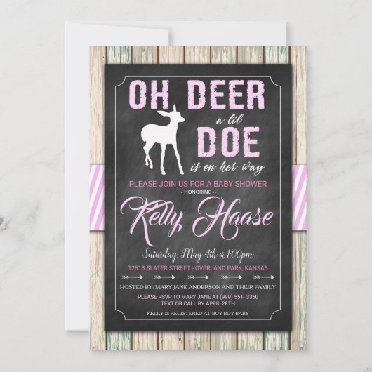 Oh Deer ! Invitation Rustique Baby shower fille (Devant)