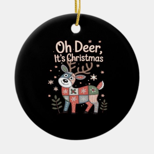 Oh Deer Its Christmas Miniature Patchwork Squares Keramisch Ornament (Voorkant)