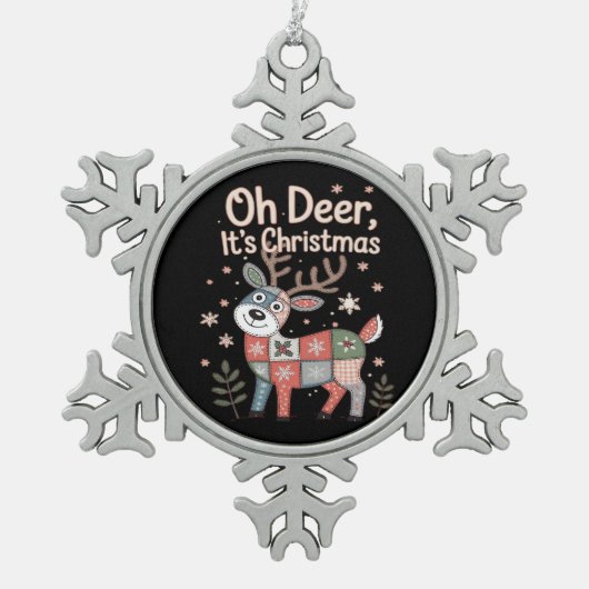 Oh Deer Its Christmas Miniature Patchwork Squares Tin Sneeuwvlok Ornament (Voorkant)