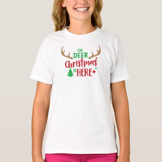 Oh Deer Kerstmis is hier, kerstboom, Antlers T-shirt (Voorkant)