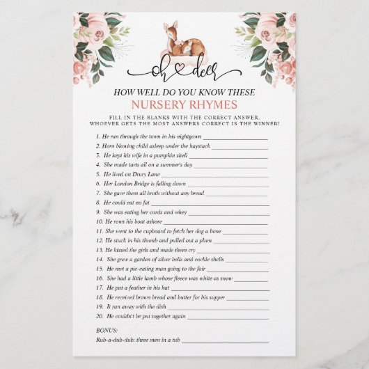 Oh Deer Nursery Rhyme Baby shower Games (Voorkant)