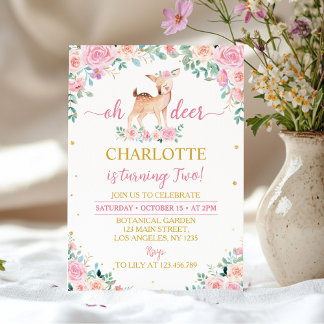 Oh Deer Roze Bloemen 2e verjaardag Uitnodiging