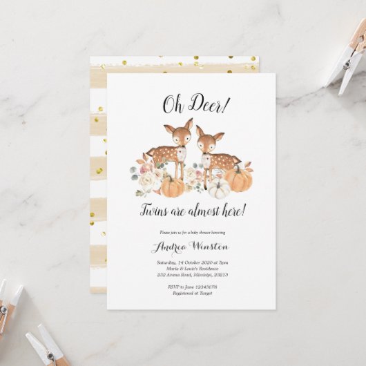 Oh Deer Twins Citrouille Baby shower Invitation (Devant/Arrière en situation)