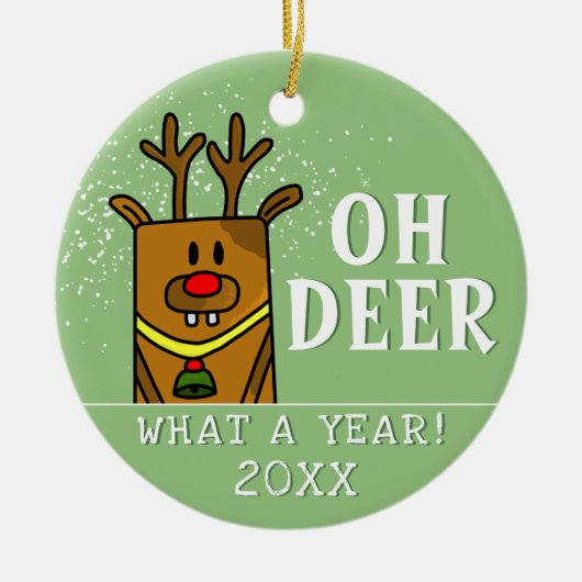 Oh Deer wat een jaar Cartoon Deer Drawing Keramisch Ornament (Voorkant)