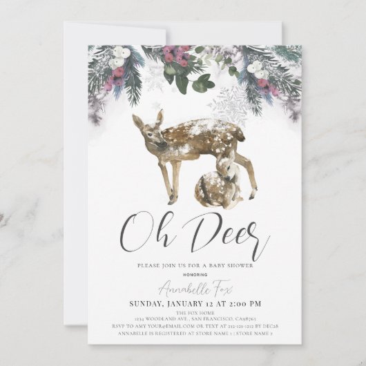 Oh Deer Winter Foliage & Red Berries Baby shower Kaart (Voorkant)