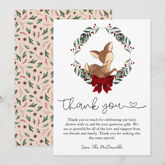 Oh Deer Winter Greenery Baby shower Carte de remer (Devant / Derrière)