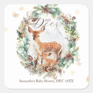 Oh Deer Winter Woodland Snow Baby shower Vierkante Sticker