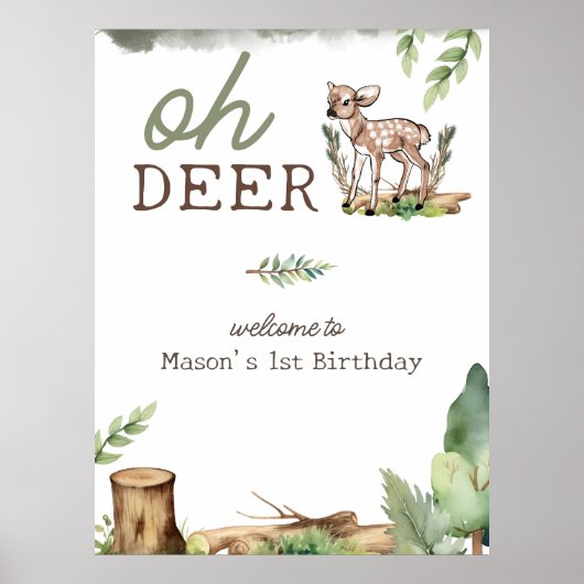 Oh Deer Woodland Baby Herten Verjaardag Welkomstbo Poster (Voorkant)