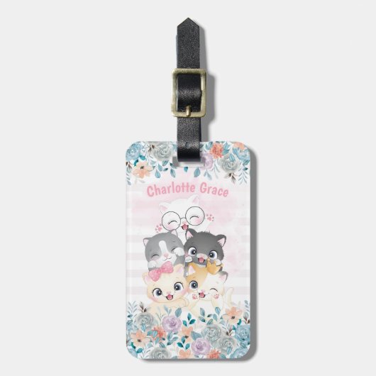 Oh, dus Girly Cute Happy Kitten Friends Floral Nam Bagagelabel (Voorkant verticaal)