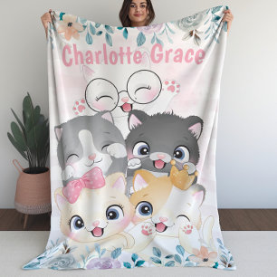 Oh, dus Girly Cute Happy Kitten Friends Floral Nam Fleece Deken