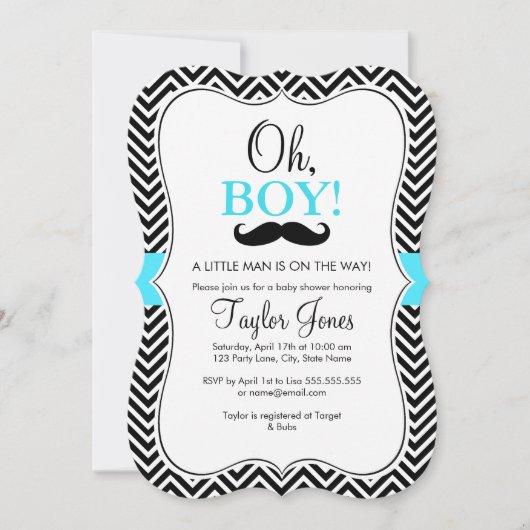 Oh Garçon Moustache Invitation Baby Shower / Bleu (Devant)