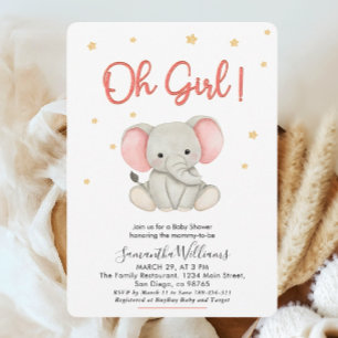 Oh Girl Blush Pink Baby Elephant Shower Kaart