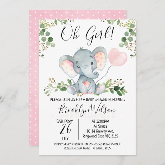 Oh Girl Elephant Balloon Baby shower Invitation (Devant / Derrière)