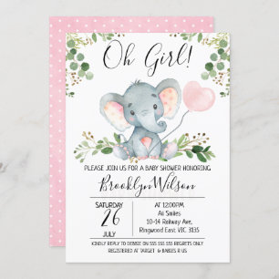 Oh Girl Elephant Balloon Baby shower Uitnodiging