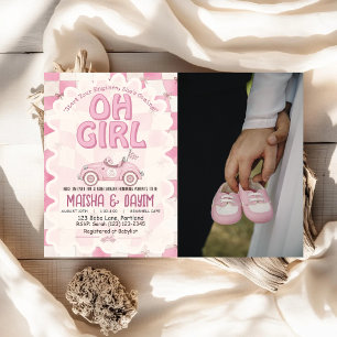 Oh Girl Race Car Roze Geruite Girl Baby Shower Kaart