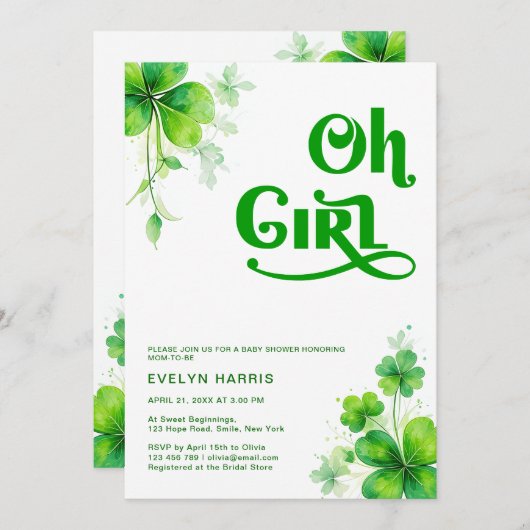 Oh Girl Waterverf Green Script Baby shower Kaart (Voorkant / Achterkant)