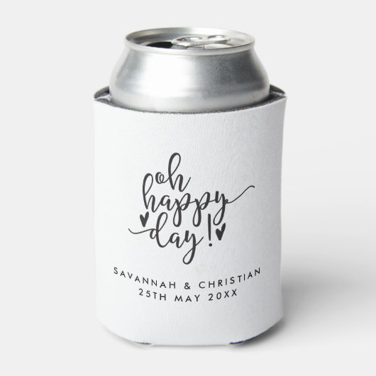 Oh Happy Day Script Personalized Wedding Koozie (Blikje Voorkant)