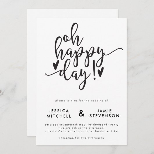 Oh Happy Day Typographic Wedding Invitation Kaart (Voorkant / Achterkant)
