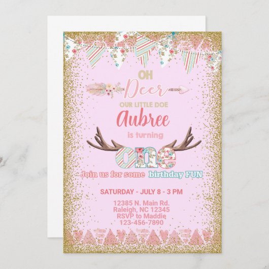 Oh, invitation d'anniversaire de fille de cerf, pe (Devant / Derrière)