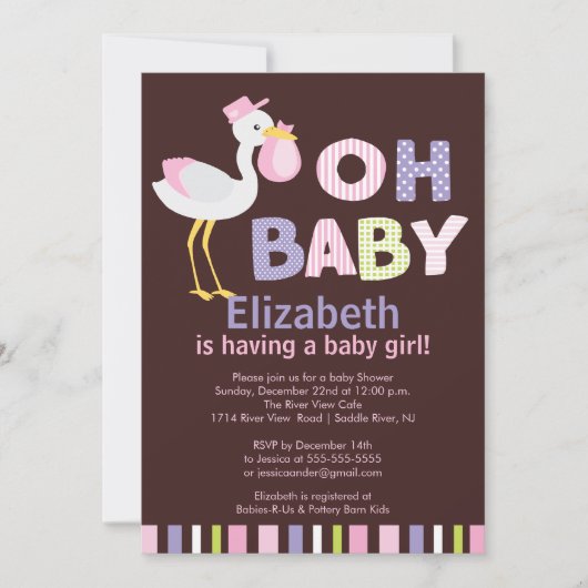 Oh invitations de baby shower de fille de cigogne (Devant)