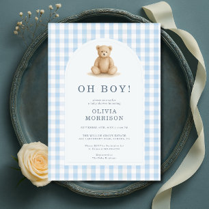 Oh Jongen Beer Blauw Gingham Baby Shower Kaart