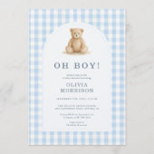 Oh Jongen Beer Blauw Gingham Baby Shower Kaart (Voorkant)