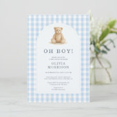 Oh Jongen Beer Blauw Gingham Baby Shower Kaart (Staand voorkant)