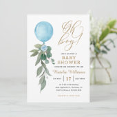 Oh jongen blauwe ballon groene baby shower kaart (Staand voorkant)