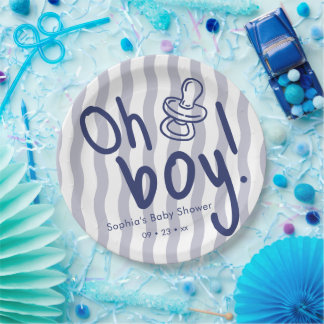 Oh Jongen Blauwe Golfstrepen Baby Shower Papieren Bordje