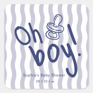 Oh Jongen Blauwe Golfstrepen Baby Shower Vierkante Sticker