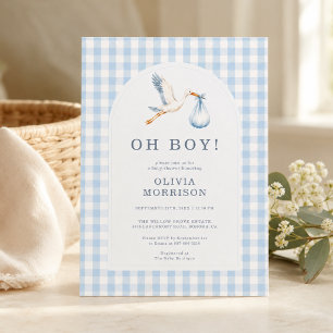 Oh jongen ooievaar blauwe gingham baby shower kaart