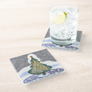 Oh kerstboom   Waterverf Winterschilderkunst Glazen Onderzetter