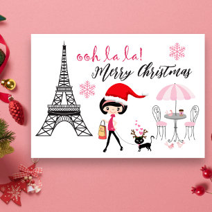 Oh La La Girl en Cat Paris Eiffeltoren Kerstmis Feestdagen Kaart