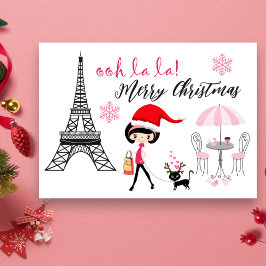 Oh La La Girl en Cat Paris Eiffeltoren Kerstmis Feestdagen Kaart