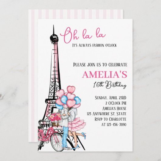 Oh la la Paris Pink Lovers Anniversaire Invitation (Devant / Derrière)