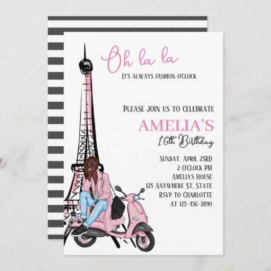 Oh la la Paris Rose Invitation d'anniversaire (Devant / Derrière)