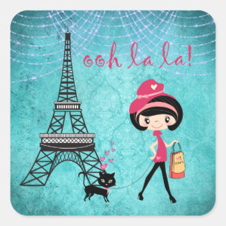 Oh La Paris Meisje en Kat Met Eiffeltoren Vierkante Sticker