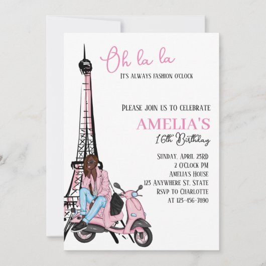 Oh la Paris Roze Verjaardagsuitnodiging Kaart (Voorkant)