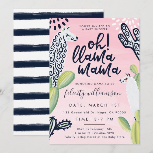 Oh Llama Mama Baby Girl Baby shower Invitation (Devant / Derrière)