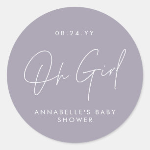 Oh meisje Baby shower script paarse lila Elegant Ronde Sticker