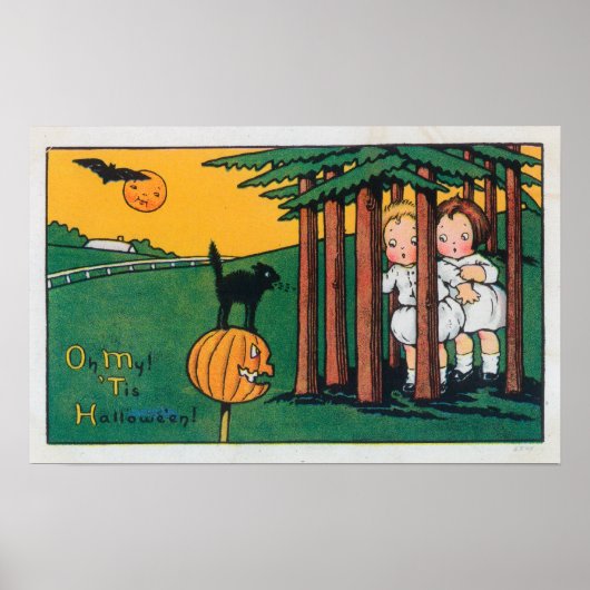 Oh mijn tis Halloween Black Cat Scaring Kinderen Poster (Voorkant)