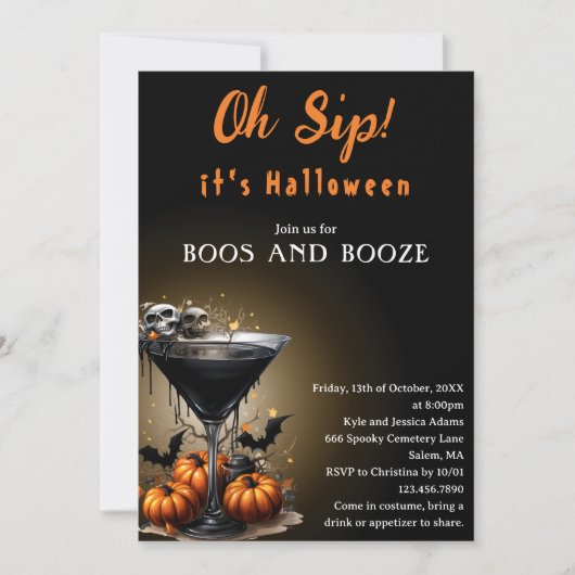 Oh Sip Black Martini Boos & Booze Halloween Party Kaart (Voorkant)