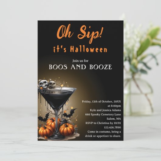 Oh Sip Black Martini Boos & Booze Halloween Party Kaart (Staand voorkant)